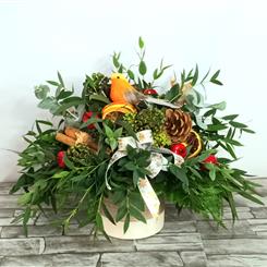 Festive foliage Robin arrangement
